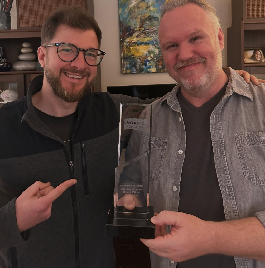 Producer Chris Kirby and Charlie A'Court after winning Americana / Bluegrass Recording of the Year at Nova Scotia Music Week.